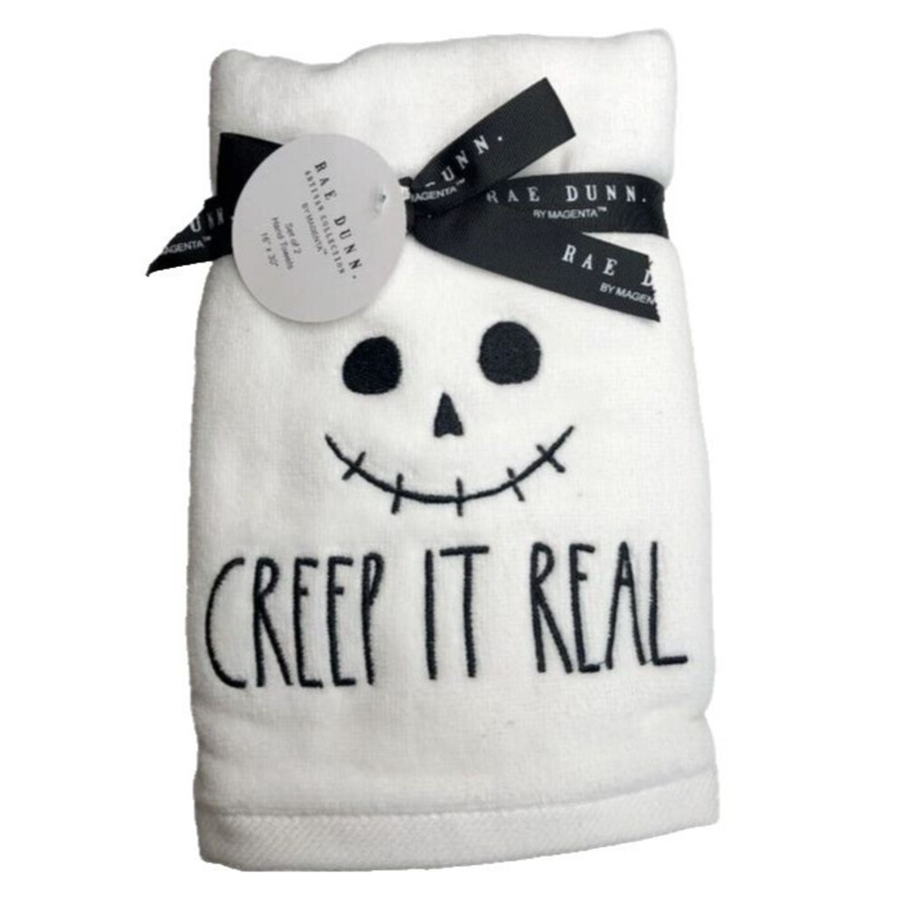 Rae Dunn Halloween Hand Towels Set of 2 Creep It Real Skull Embroidered White